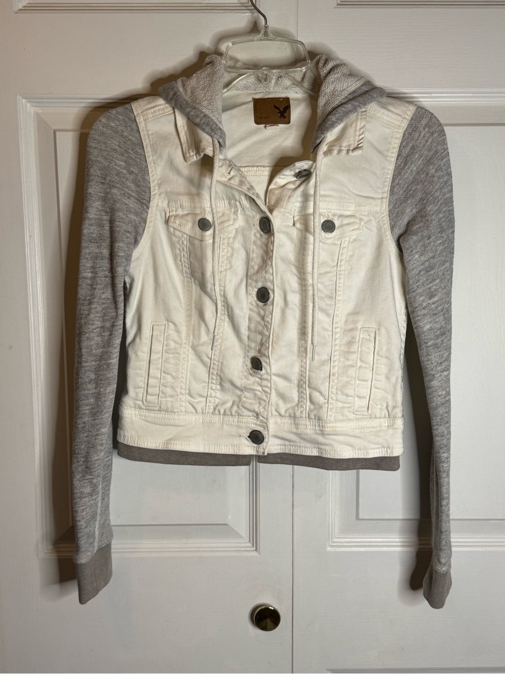 American Eagle Outfitters White Denim Jacket with Gray Hood & Sleeves